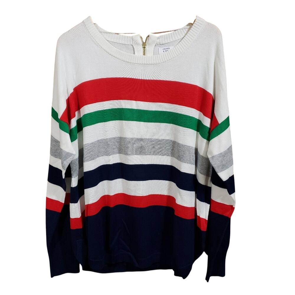 Crown & Ivy Women Sweater Back Zip Multi Color Striped Preppy Casual Knit XXL